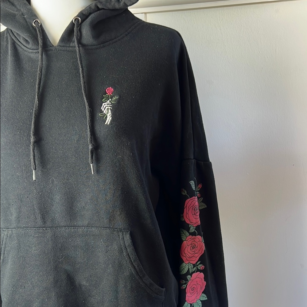 EMPYRE Black Hoodie with Rose Sleeves and Skeleton Hand Embroidery